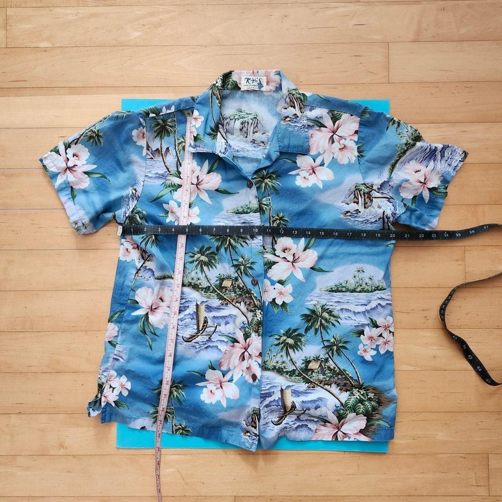 Vintage Hawaiian Shirt Floral  blue waves sailboat‎ Summer Tropical Kys Mens M - Picture 5 of 6